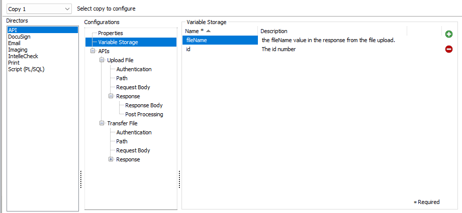 The Variable Storage screen. Here, the fileName and id variables have been added, along with descriptions.